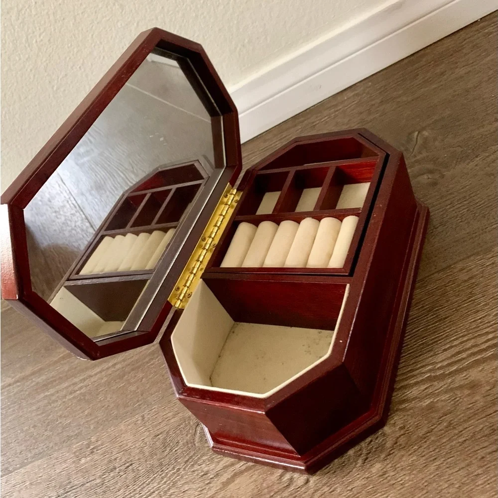 vintage octagon Wooden Jewelry Box With Mirror
